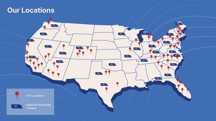 A map of the United States with ATI locations and National Response Trailers.