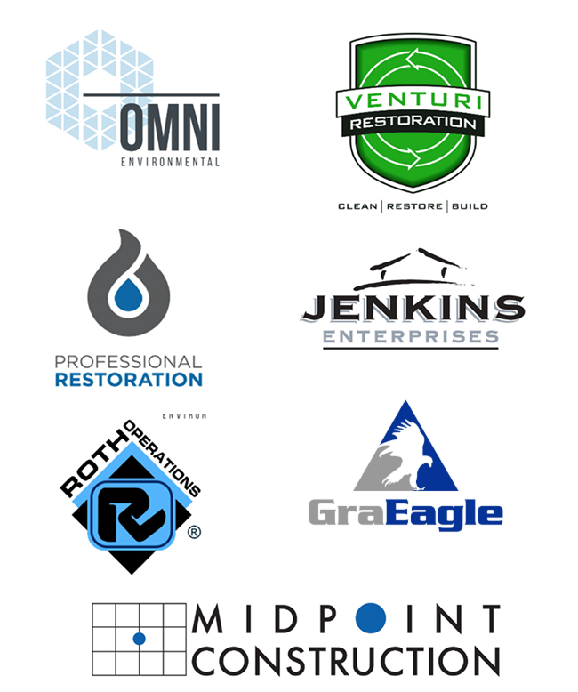 Logos for Omni Environmental, Venturi Restoration, Professional Restoration, Jenkins Enterprises, Roth Operations, GraEagle, and Midpoint Construction.