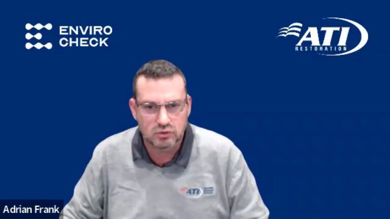 Adrian Frank of ATI Restoration speaking against a blue background with Enviro Check logo.
