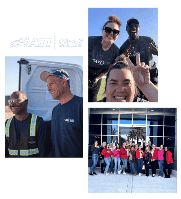 ATI Cares collage showing employees volunteering and at work.