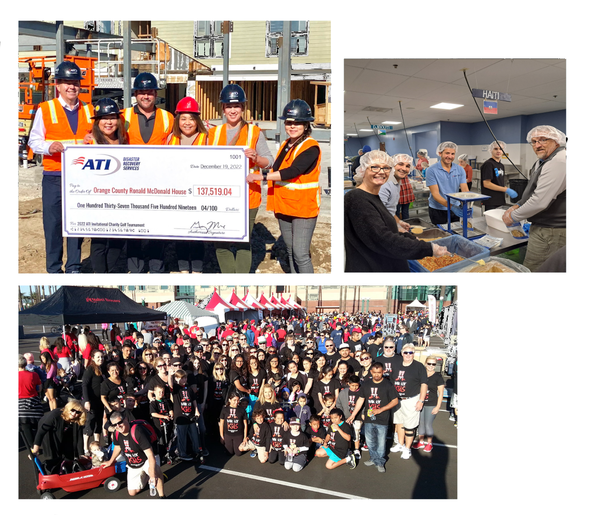 A collage of three photos: a large check presentation for $137,519.04 to the Orange County Ronald McDonald House; volunteers preparing food; and a large group photo of participants in a charity golf tournament.