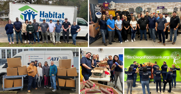 Collage of photos showing employees volunteering at Habitat for Humanity, a food bank, and with disaster relief efforts.
