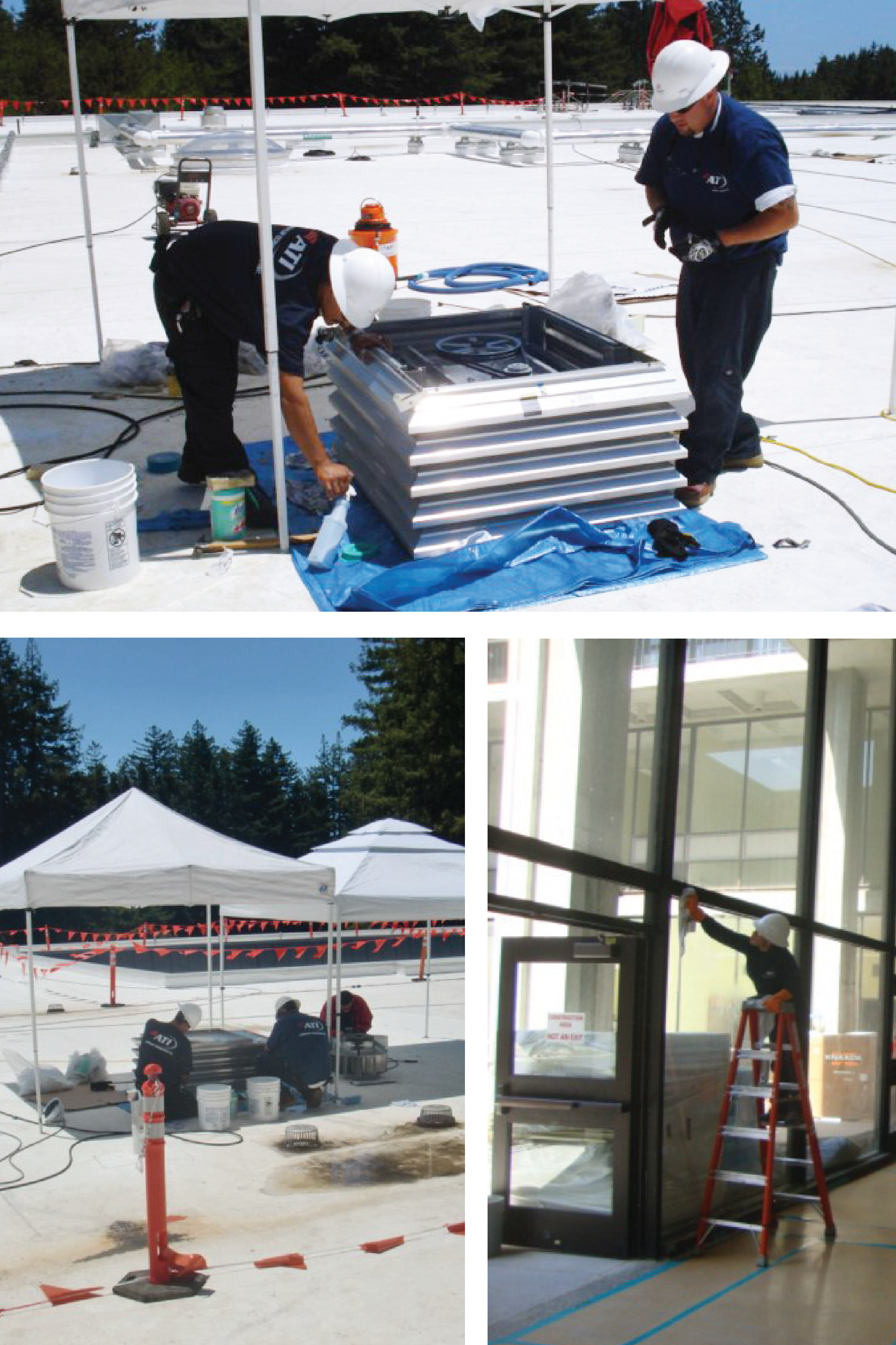 Workers performing building maintenance, including rooftop and window cleaning.