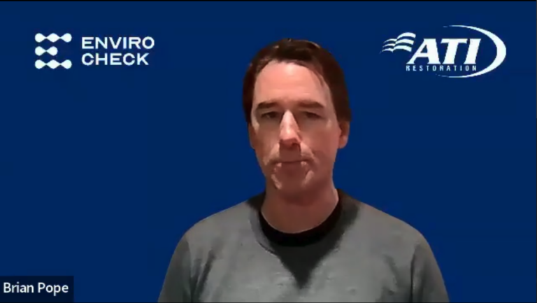 Brian Pope in a video call with EnviroCheck and ATI Restoration logos in the background.