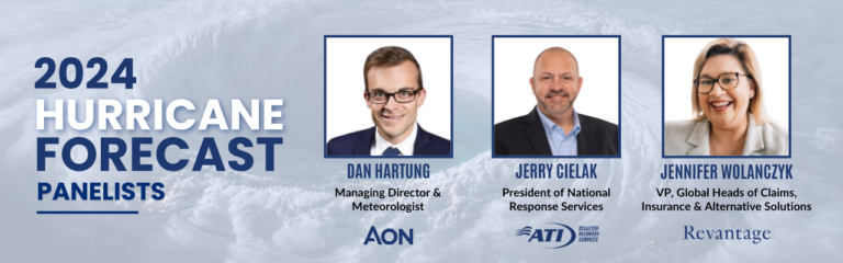 2024 Hurricane Forecast panelists: Dan Hartung (Aon), Jerry Cielak (ATI), and Jennifer Wolancyzk (Revantage).