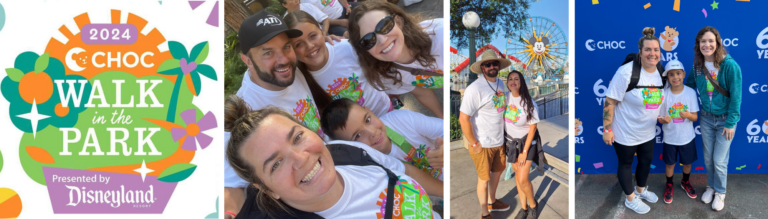 2024 CHOC Walk in the Park at Disneyland Resort; photos of families participating in the event.