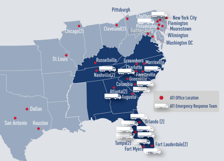 Map of ATI office locations and emergency response teams across the US.
