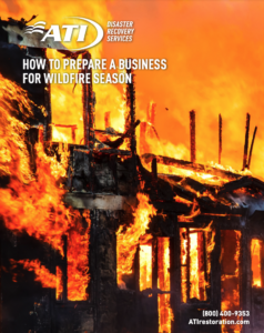 A burning building engulfed in flames; text overlay reads "How to Prepare a Business for Wildfire Season".