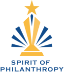 Spirit of Philanthropy award logo, featuring a gold trophy with a star and blue rays.